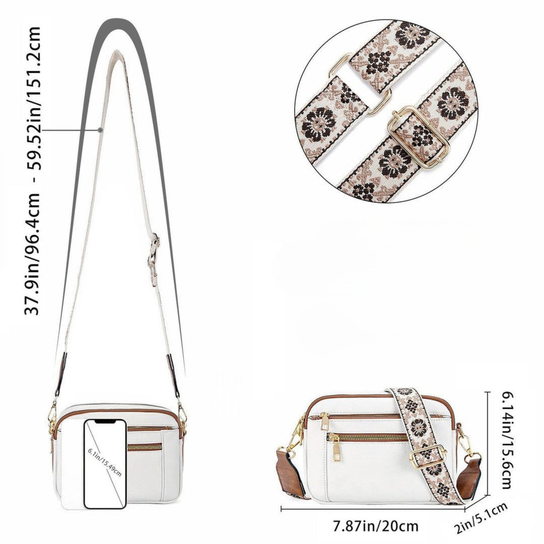 Bolso de hombro para mujer en vista frontal. Correa floral ajustable destacando el diseño elegante y moderno.