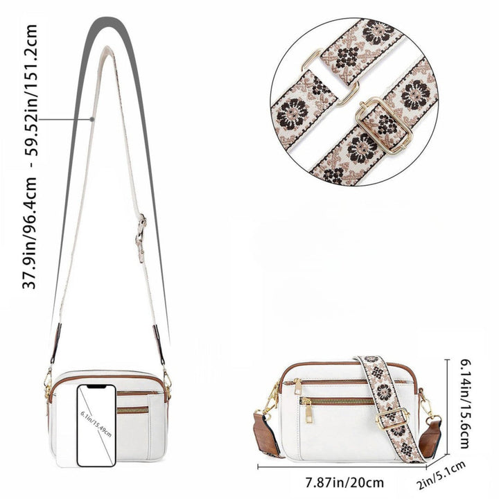 Bolso de hombro para mujer en vista frontal. Correa floral ajustable destacando el diseño elegante y moderno.