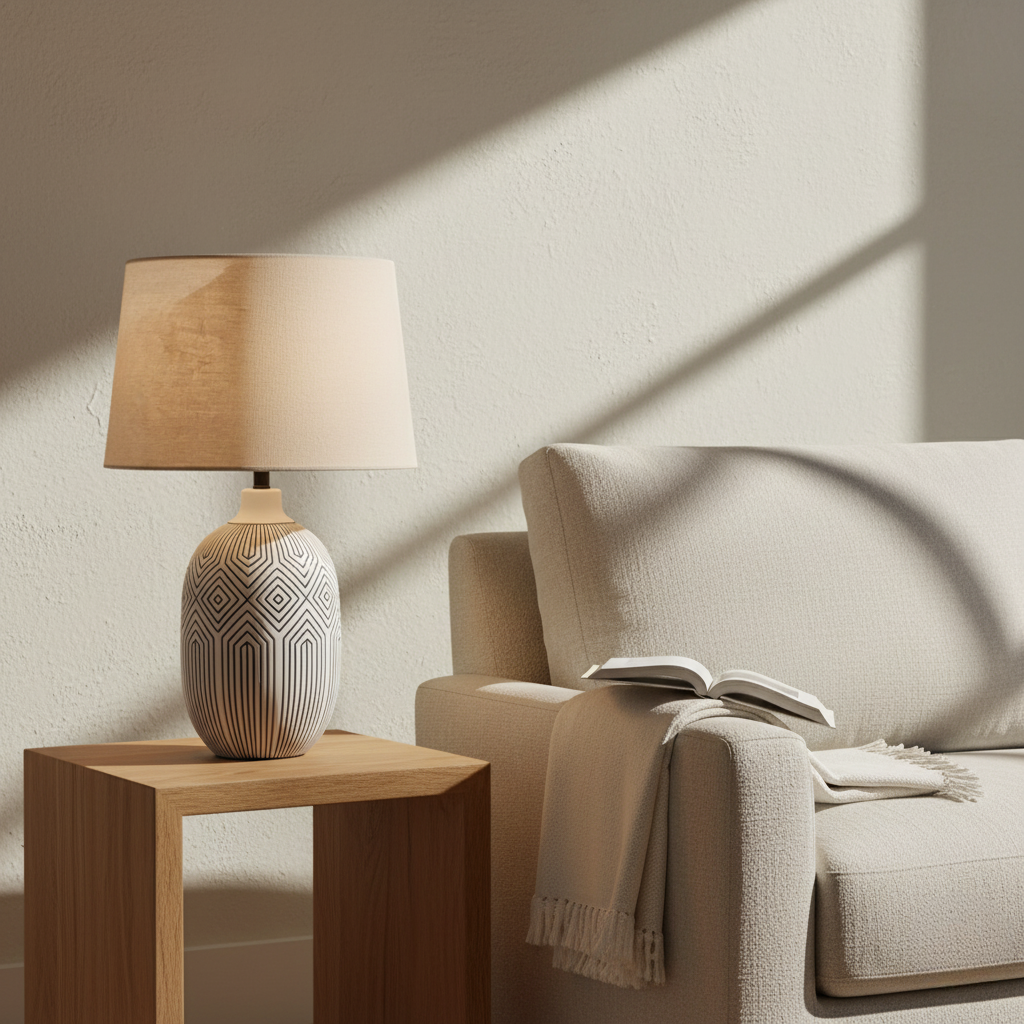 Lámpara de mesa Lumera blanca, escultural, que ofrece iluminación interior cálida para un ambiente acogedor y elegante.