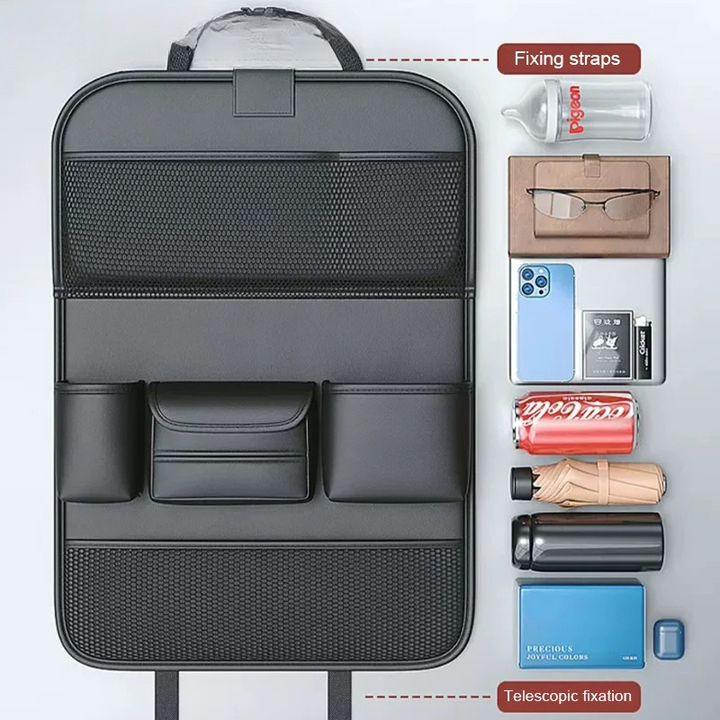 Accesorios coche: Organizador asiento trasero con soporte ajustable para tablet, ideal para niños y viajes largos.