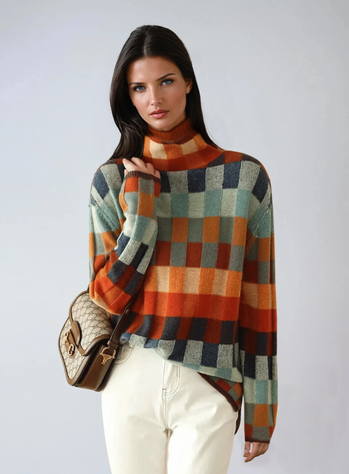 Jersey de mujer LYNAIRA, cuello alto y estampado de cuadros, ideal para moda invierno y estilo casual.