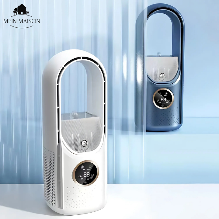 Ventilador de escritorio Airevo con enfriador de aire personal. Humidificador USB silencioso, ideal para estudio y trabajo.