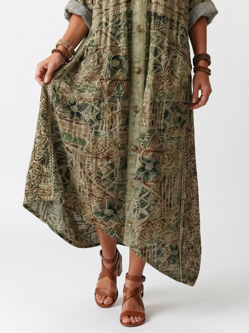 Vestido midi holgado y cómodo para mujer, estilo oversize con escote V y prácticos bolsillos laterales.