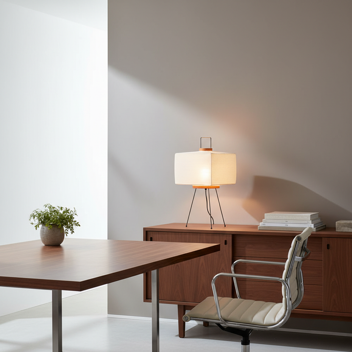 Lámpara de mesa Akari 7A con diseño minimalista japandi, luz suave.