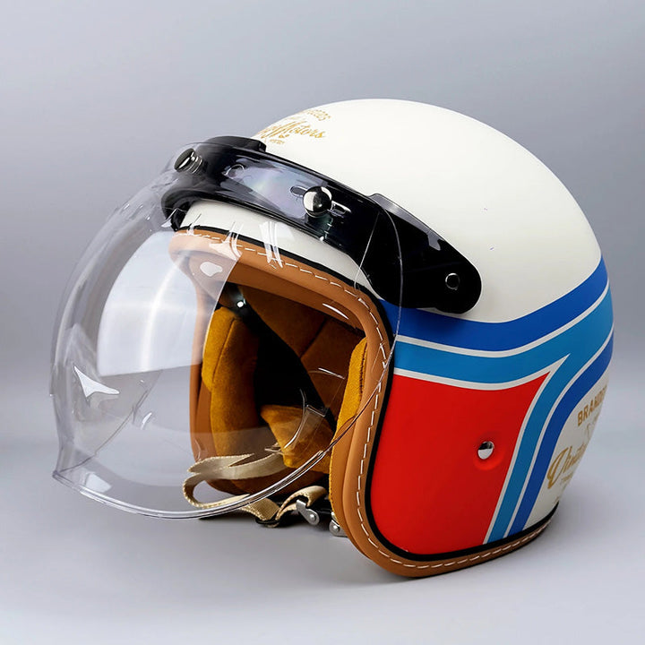 Primer plano de la certificación DOT ECE en casco Roadster vintage, garantía de seguridad para moto unisex.