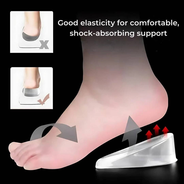 Almohadillas de silicona para talón, aumentan altura y ofrecen alivio del dolor, ideales para fascitis plantar.