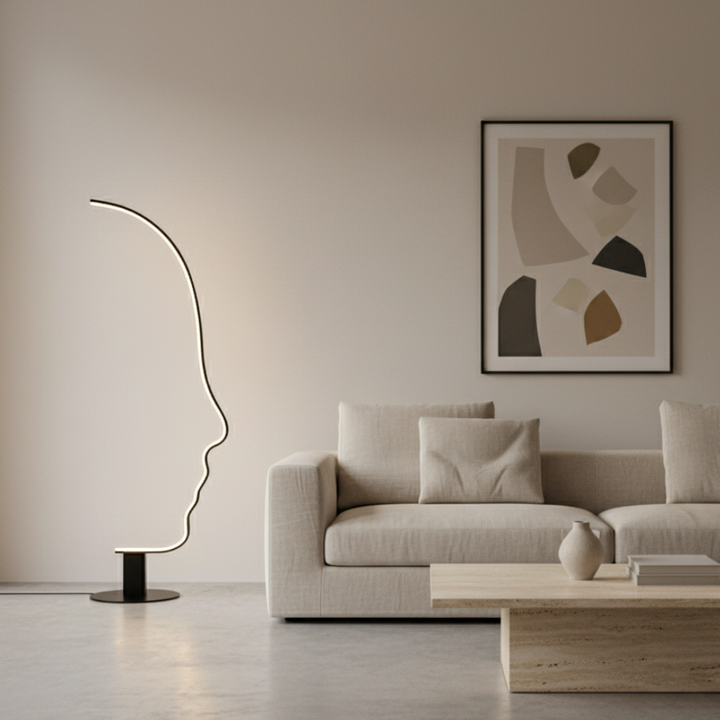 Lámpara de pie arte nórdico, silueta de cara humana. Diseño único LED para decoración interior moderna.