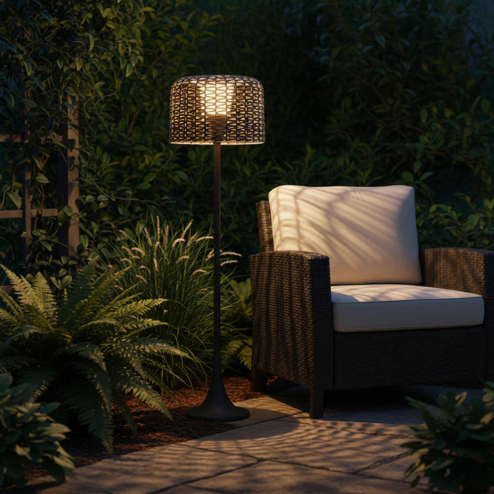 Lámpara solar LED de suelo para jardín. Impermeable, eficiente y crea ambiente en exteriores.