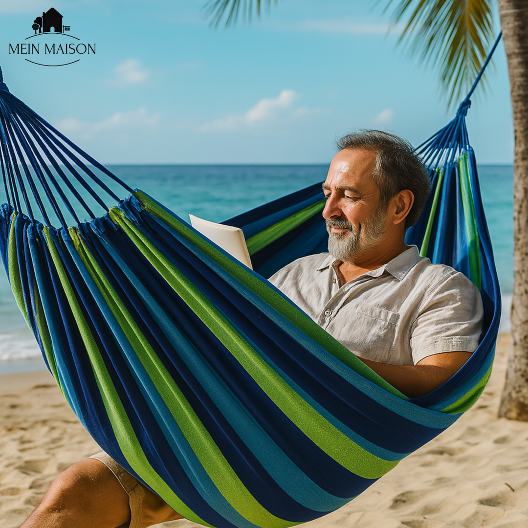Hamaca portátil para viajes y aventura, resistente, perfecta para playa, camping o balcón. Relajación total.