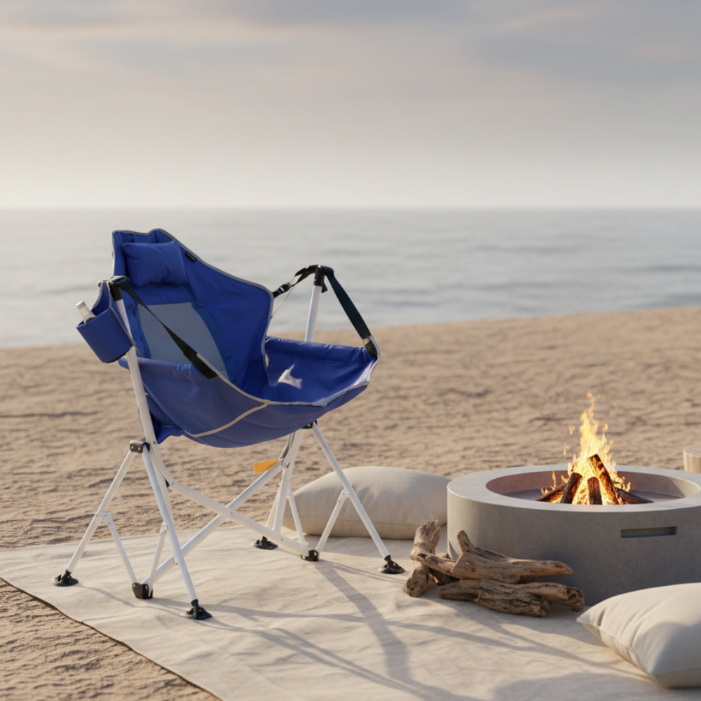 Silla de camping moderna con cómodos descansabrazos. Plegable para jardín, playa o exterior.