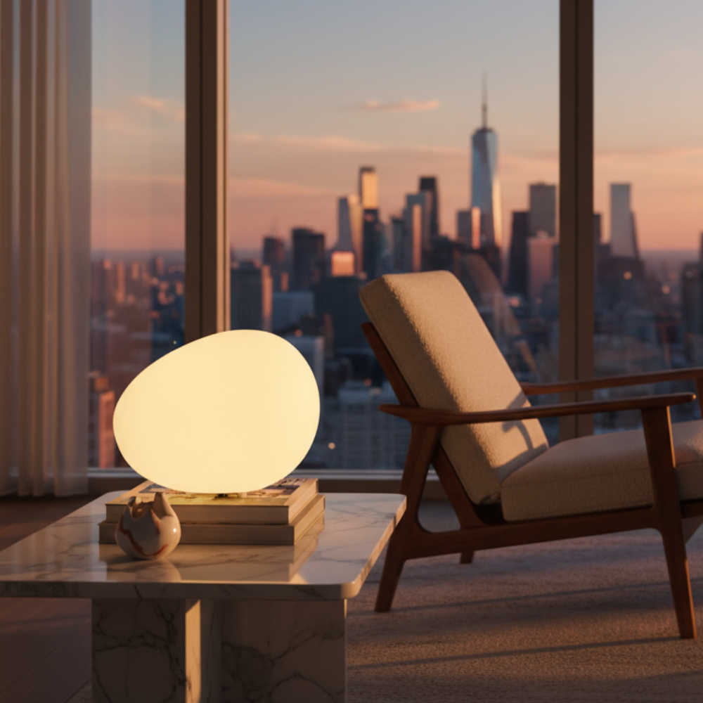 Lámpara LED 'Pebble' para mesa. Diseño orgánico y luz ajustable, perfecta para un dormitorio acogedor.