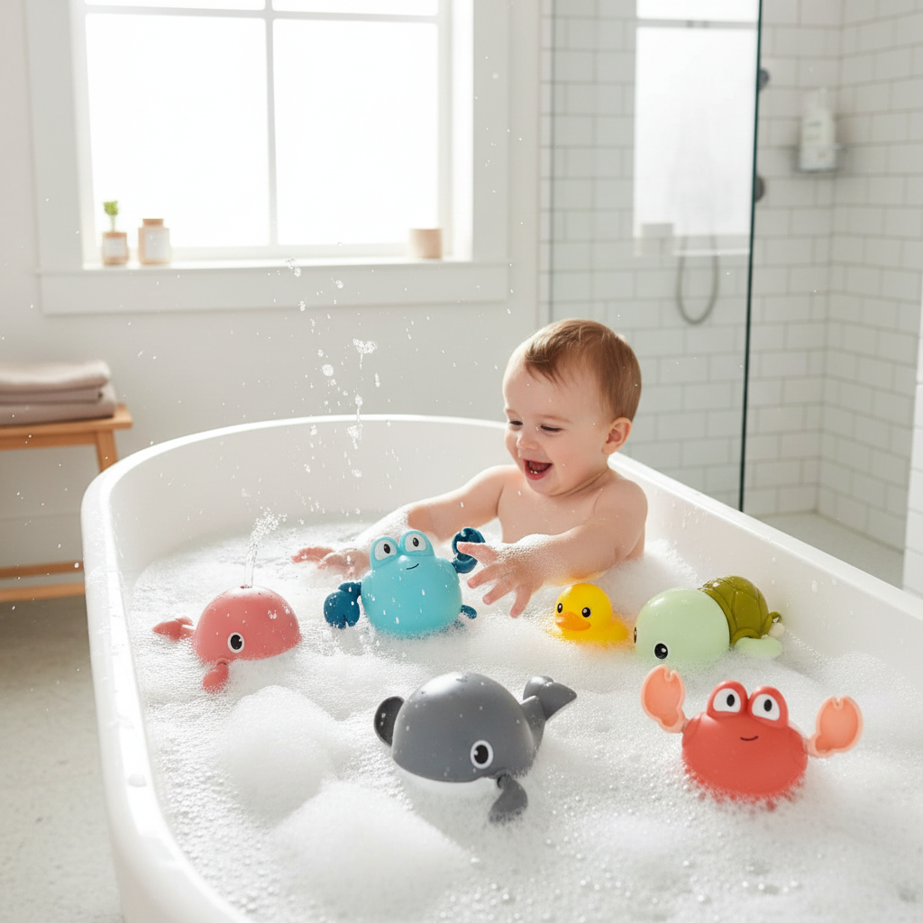Set de juguetes de baño animales marinos (tortuga, pez) nadadores con cuerda. Ideal para la hora del baño.