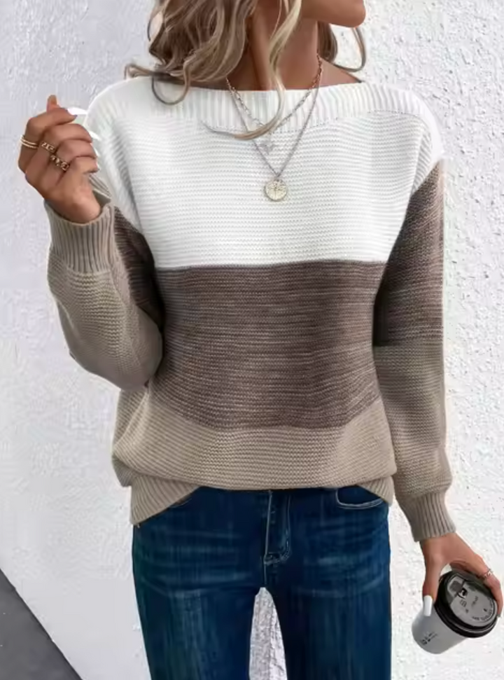 Pullover de punto tricolor para mujer, estilo casual y elegante. Suéter cómodo con cuello redondo y mangas largas.