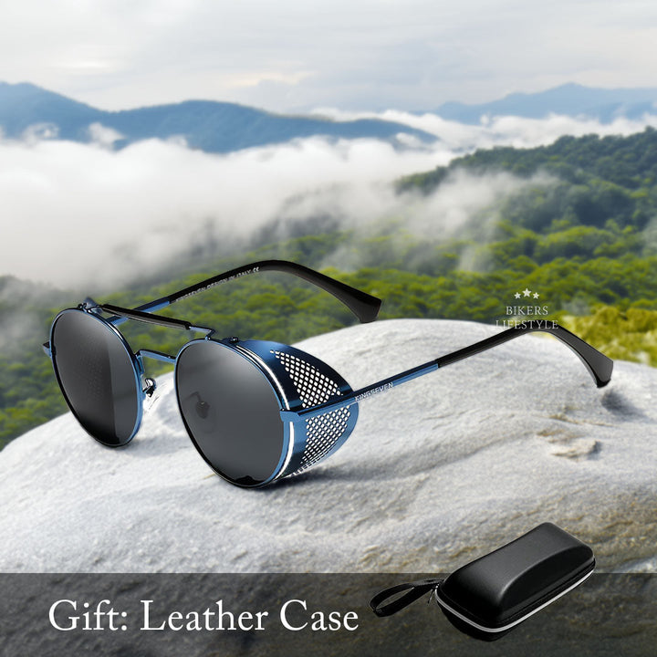 Gafas de sol steampunk vintage redondas para hombres, lentes polarizadas oscuras y detalles metálicos únicos.