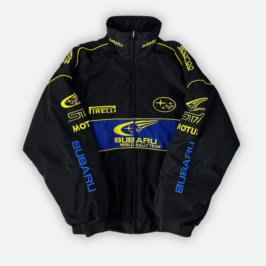 Chaqueta rally vintage negra unisex. Estilo retro de carreras para hombre y mujer, moda deportiva.