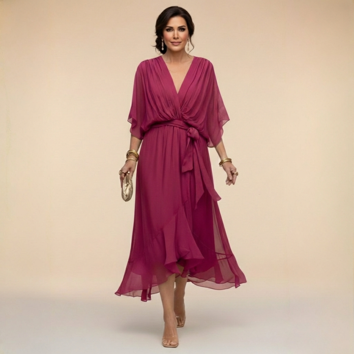 Vestido midi fluido para mujer con cintura ajustable para un ajuste perfecto, escote V. Estilo elegante y cómodo.