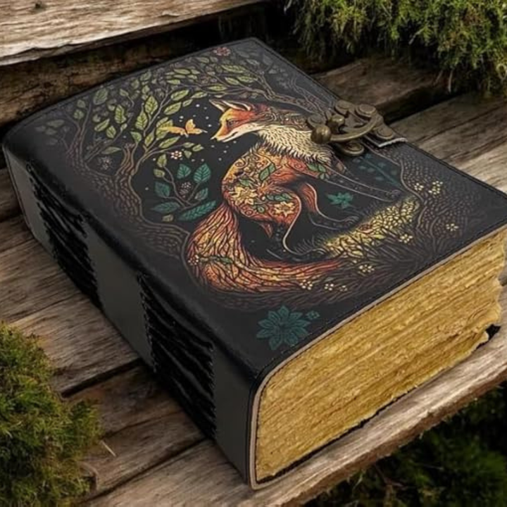 Cuaderno de cuero vintage con intrincado grabado de zorro, ideal para escritores y amantes del estilo artesanal.