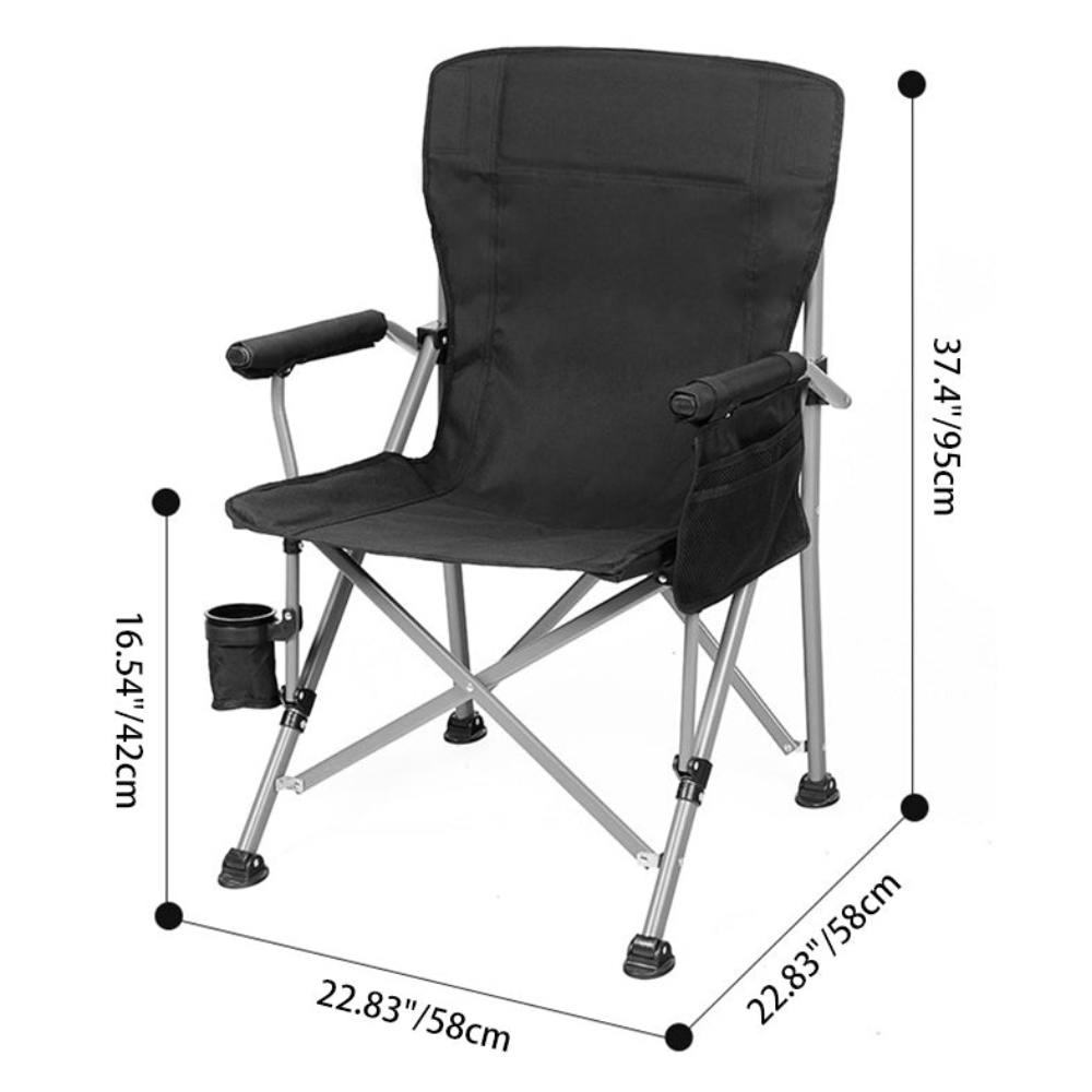 Silla minimalista negra de alta resistencia. Plegable y portátil, excelente para camping, pesca, playa y jardín.