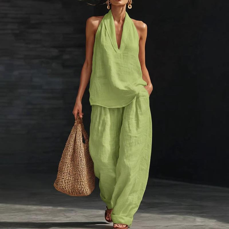 Elegante conjunto de lino para mujer, blusa y pantalón ancho. Perfecto para un estilo casual de verano.
