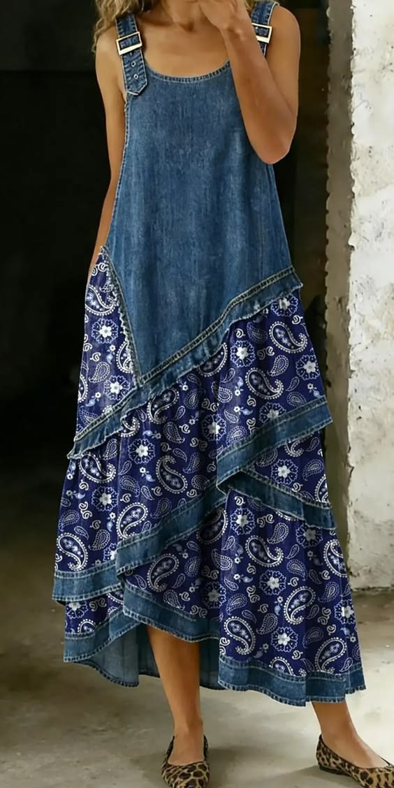 Vestido casual de verano para mujer, corte maxi bohemio, con patchwork de denim y patrón floral.