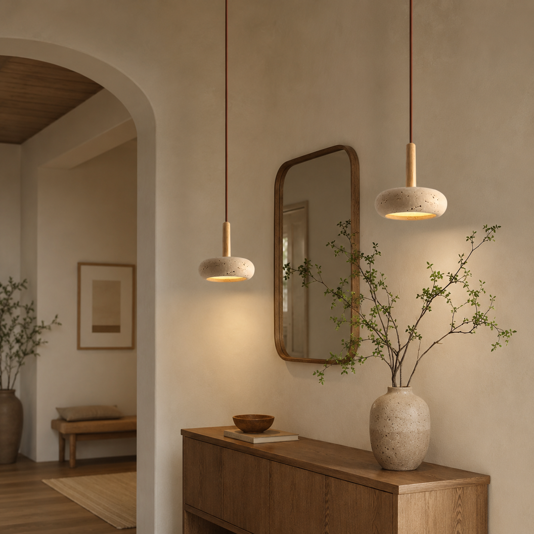 Colgante LED compacto Ø 15cm, diseño japonés con acabados de piedra y madera, ideal para pequeños espacios.
