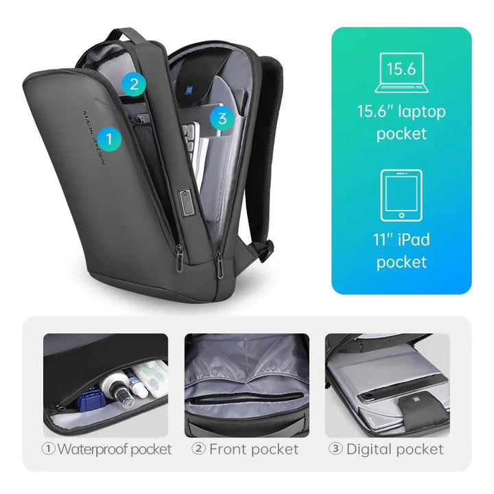 Mochila slim gris profesional para portátil de 39.6 cm. Diseño moderno y funcional, ideal como bolso de trabajo.