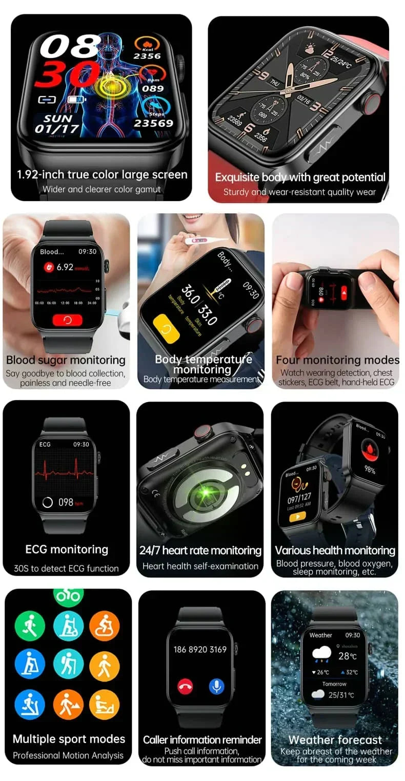 Salud digital en tu muñeca con este reloj inteligente ECG y glucosa, con pantalla HD clara.