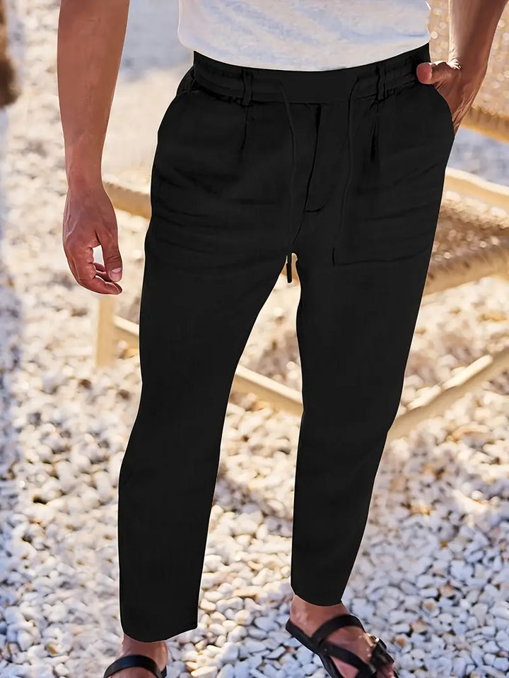 Pantalones de lino largos para hombre, cordón ajustable, ideales para un estilo de vida relajado.