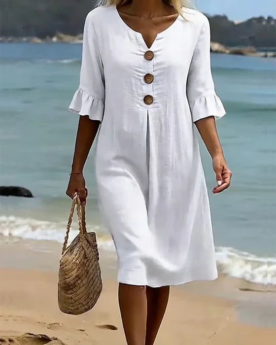 Vestido de verano holgado para mujer, tejido de algodón y lino. Con mangas abullonadas. Ideal para playa.