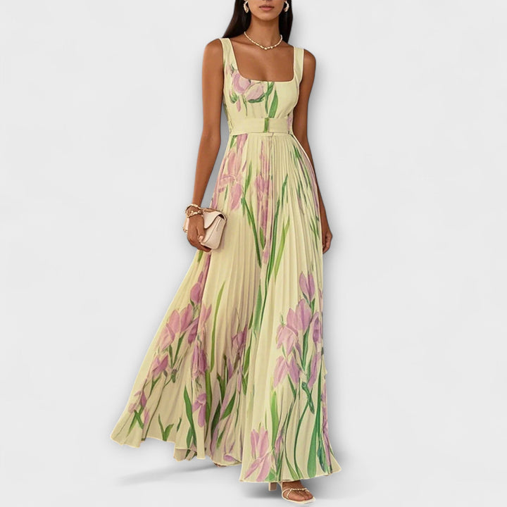 Vestido maxi sin mangas con estampado floral para mujer, estilo romántico y casual, moda veraniega.