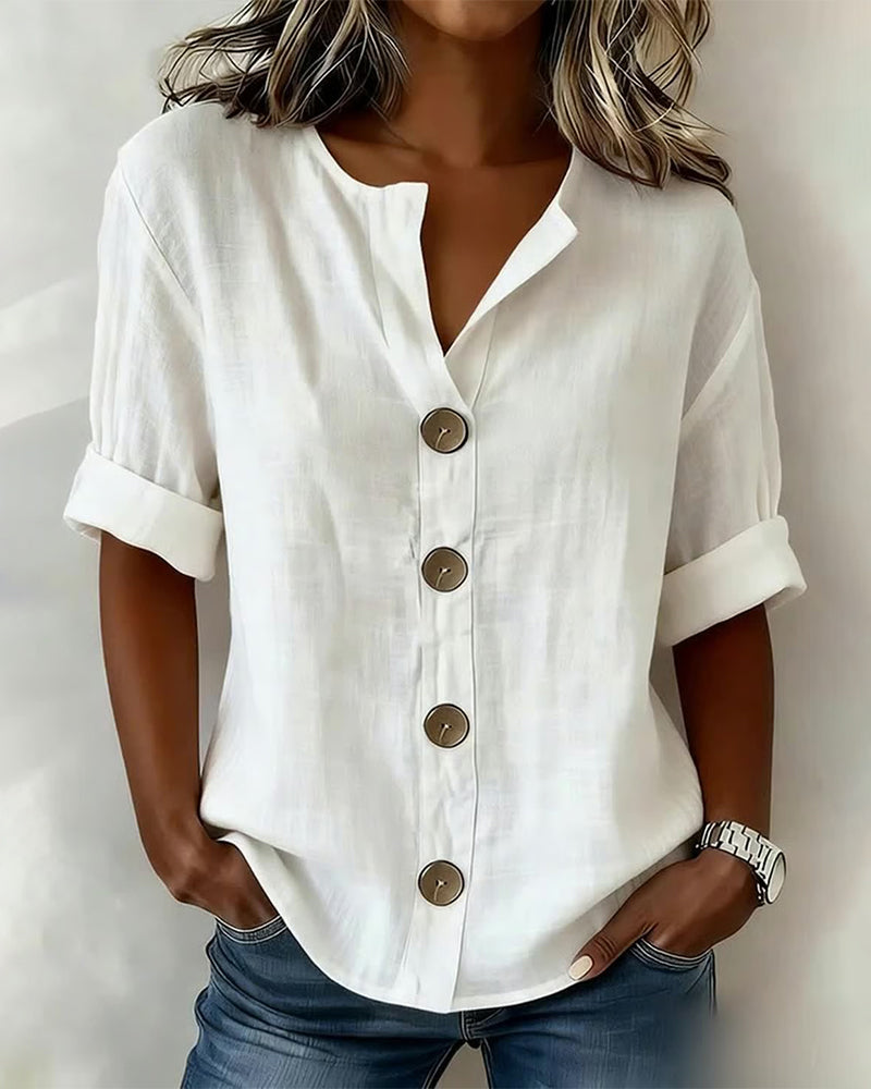 Blusa de mujer de algodón suelta con botones, ideal para uso casual diario en verano y primavera. Manga corta, cómoda.