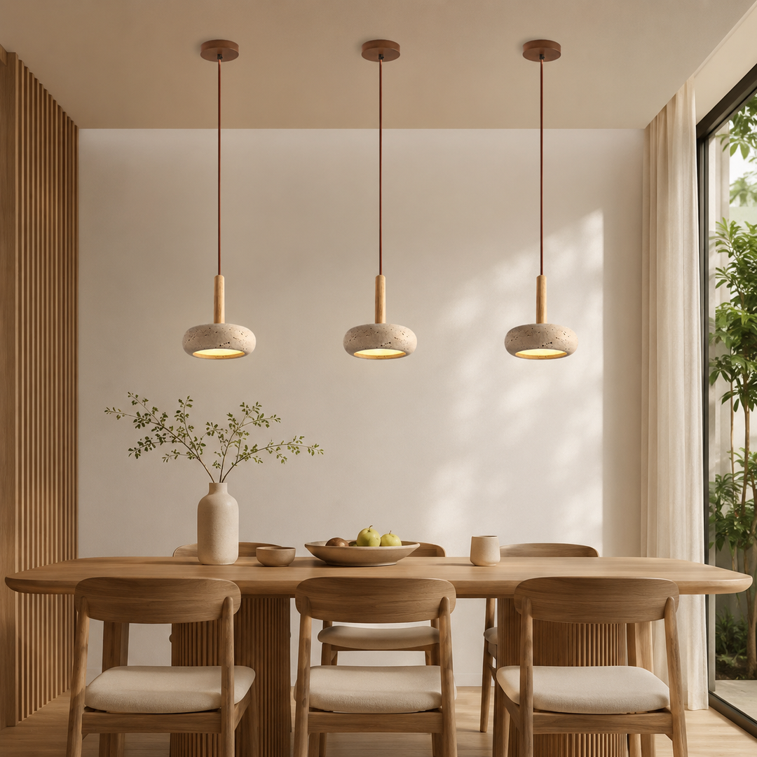 Lámpara LED para techo, estilo japonés, Ø 15cm, hecha de piedra y madera, luz acogedora y natural.