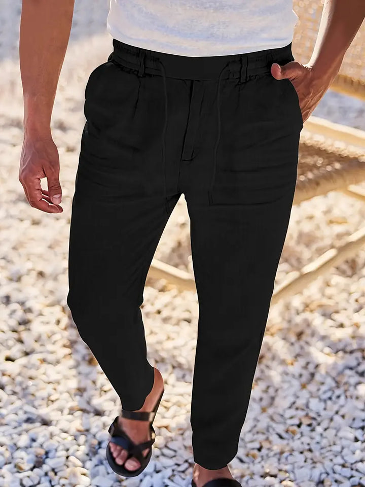 Estilo relajado: pantalones de lino largos para hombre, cordón ajustable, perfectos para playa.