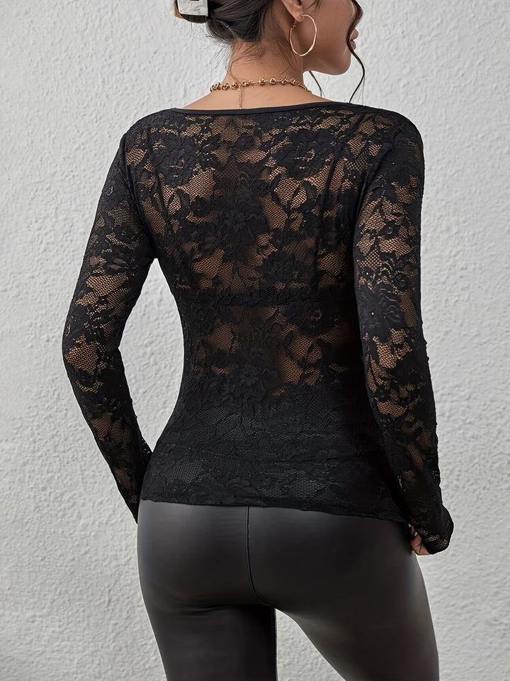 Body de encaje blanco transparente de manga larga para mujer, estilo elegante y sofisticado.