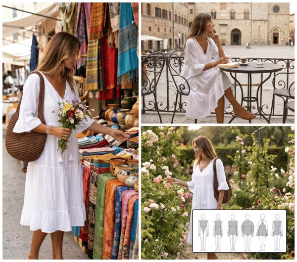 Vestido bohemio de mujer con mangas acampanadas y escote V, perfecto para un look casual elegante y fluido.