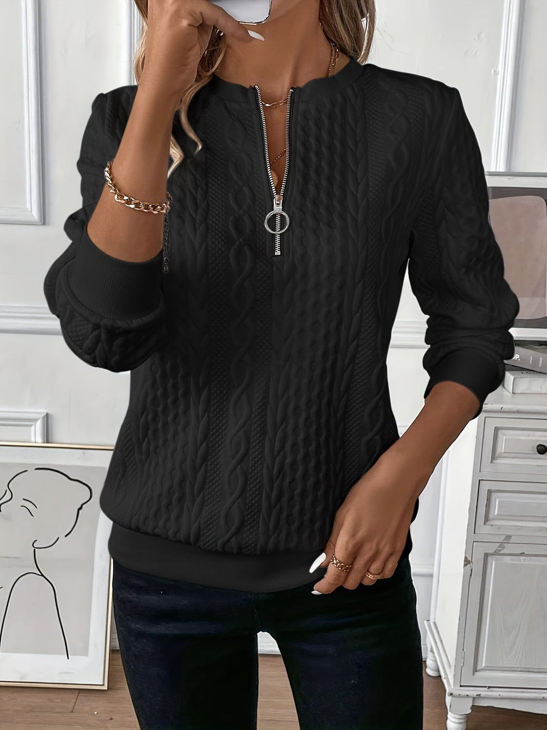 Jersey de invierno para mujer, diseño trenzado y cremallera. Suéter versátil y abrigador.