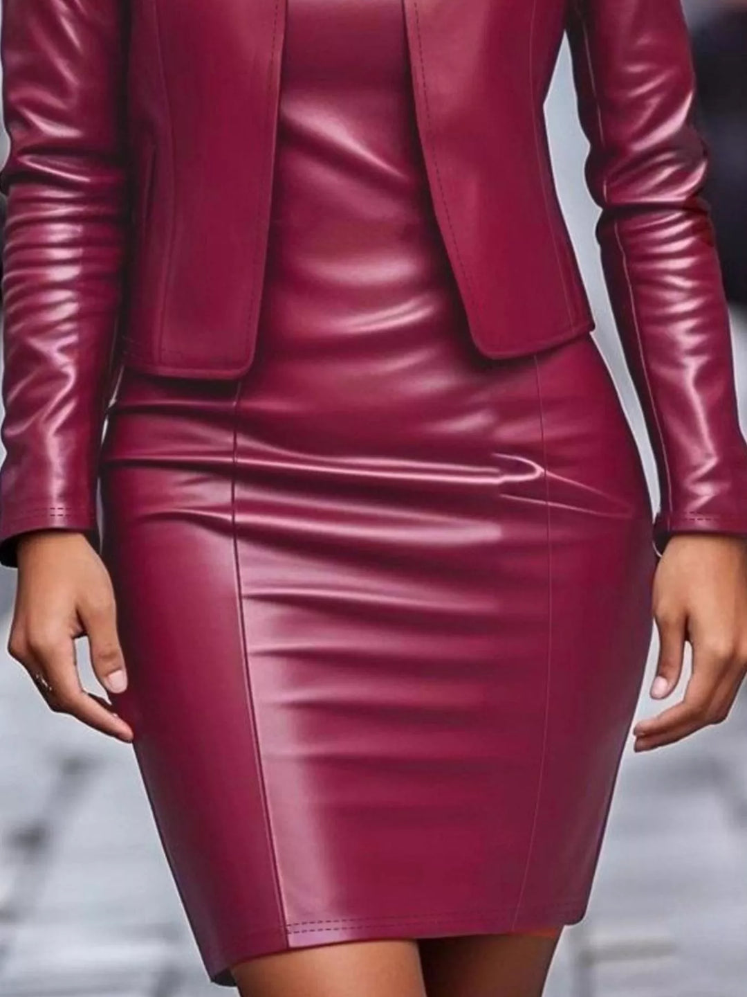 Conjunto femenino de chaqueta efecto cuero y vestido, perfecto para un estilo sofisticado y moderno.