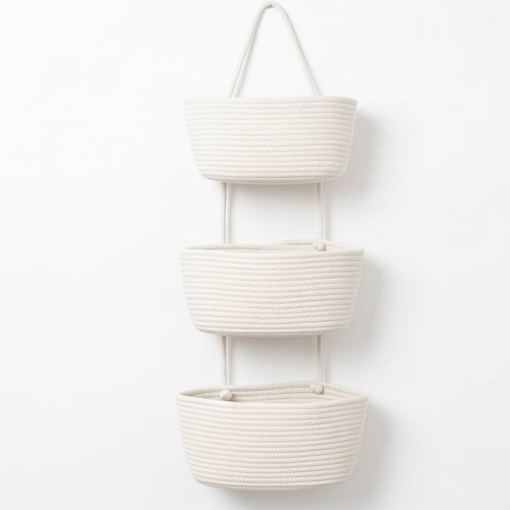 Cesta de algodón de 3 niveles. Solución compacta para organizar artículos de baño, cocina o dormitorio.