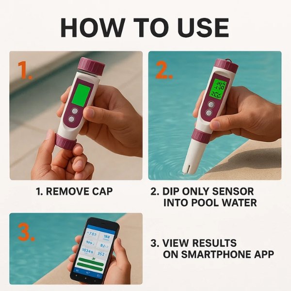 App móvil del tester digital 7 en 1 para piscinas, con datos en tiempo real de pH, cloro y más.