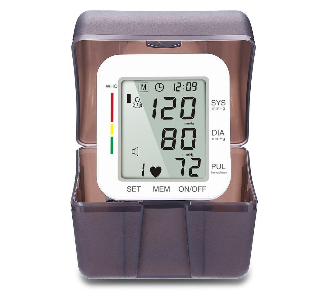 Monitor de presión arterial de muñeca electrónico recargable para monitoreo rápido y preciso de tu salud en casa.