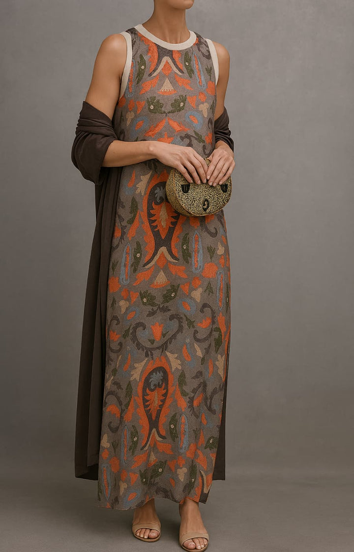 Vestido de mujer estampado sin mangas, silueta relajada y confortable, perfecto para disfrutar el verano con estilo.