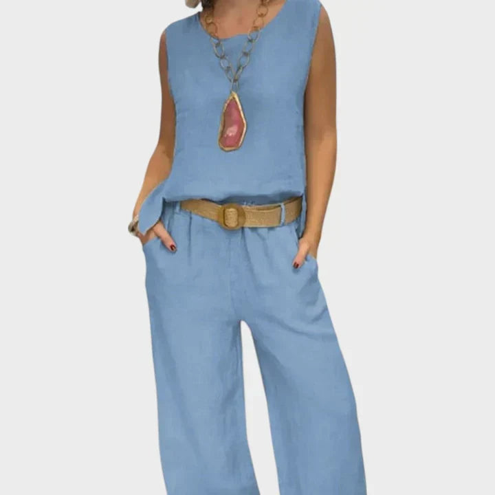 Elegante conjunto boho de dos piezas para mujer: blusa holgada y pantalón ancho, ideal para el verano.