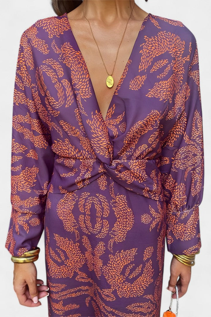 Vestido maxi Elara fluido para mujer, escote V, nudo. Ropa de moda femenina elegante, perfecta para fiestas de verano.