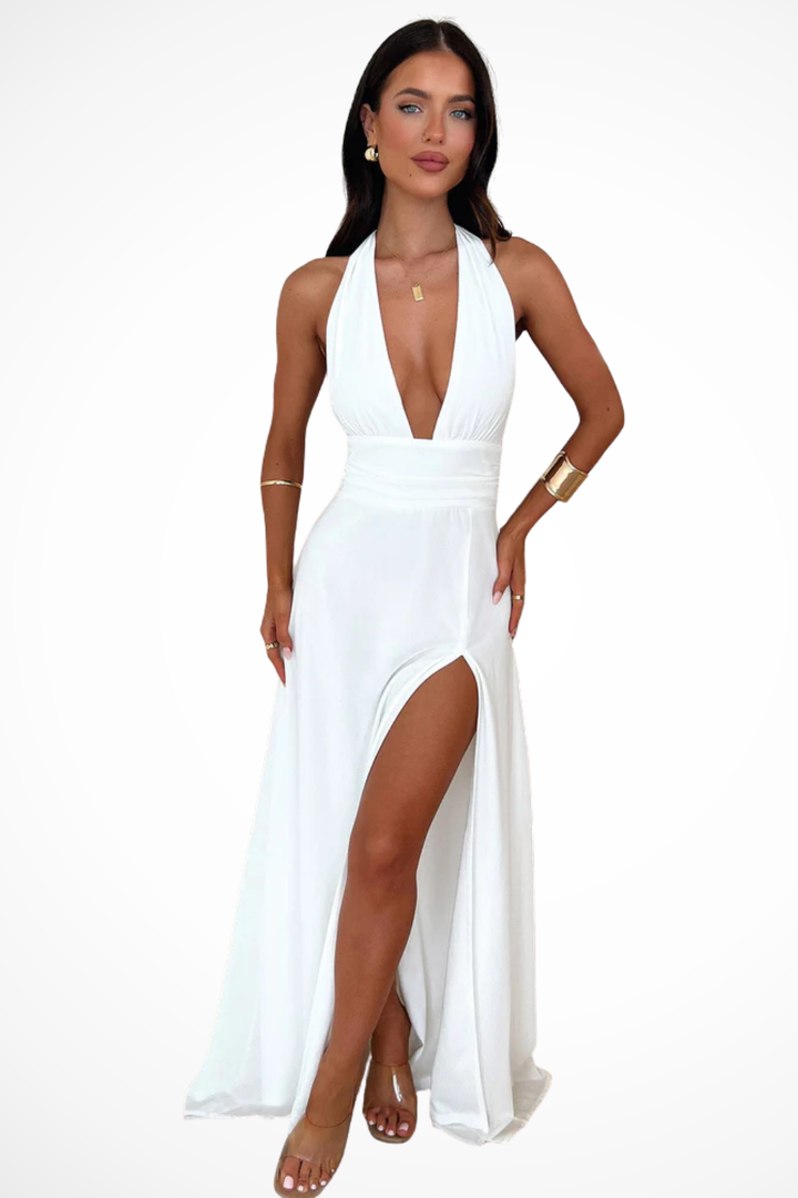 Vestido maxi halter de fiesta para mujer, look sofisticado y versátil, apto para eventos de día o noche.