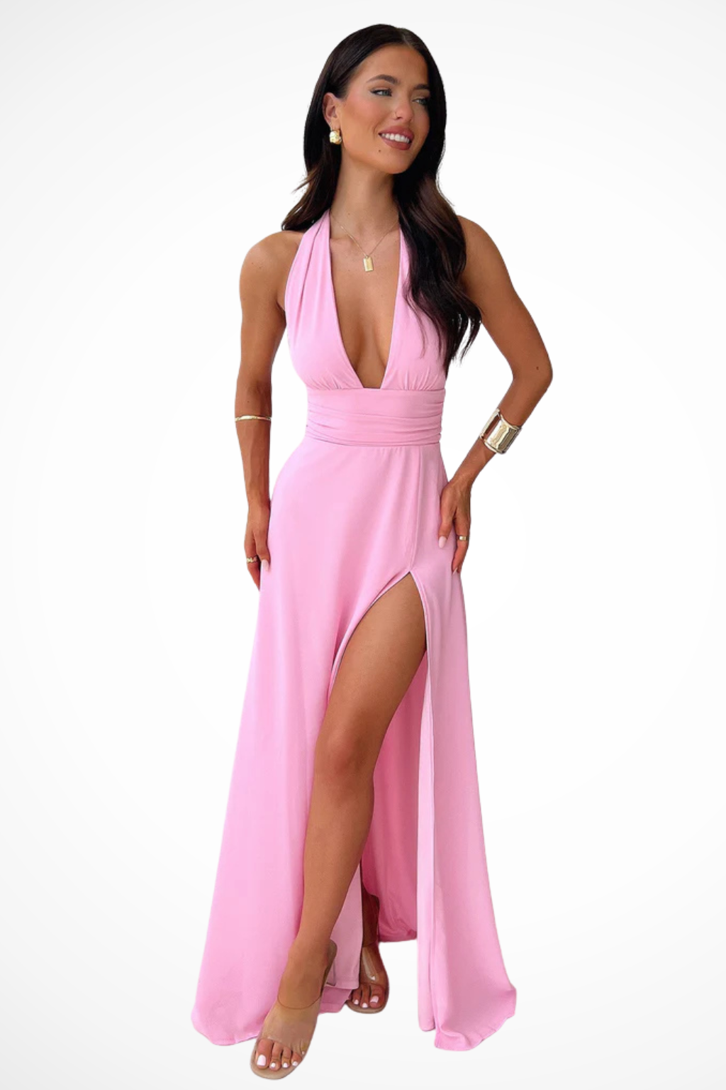 Vestido maxi halter femenino, elegante y confortable, perfecto para ceremonias, cenas o días de verano.