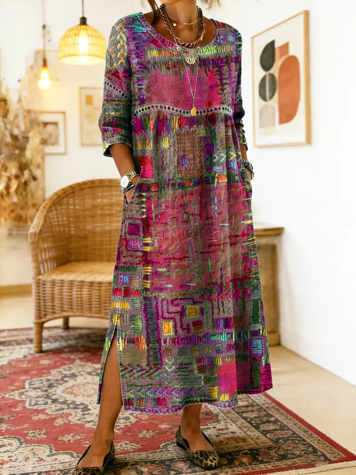 Vestido denim de mujer, diseño de patchwork étnico, casual, cómodo y moderno.
