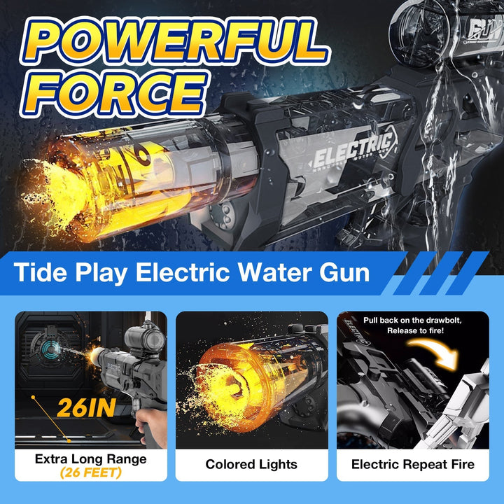 Adulto listo con pistola de agua eléctrica para juegos de piscina, batalla acuática con juguete de verano.