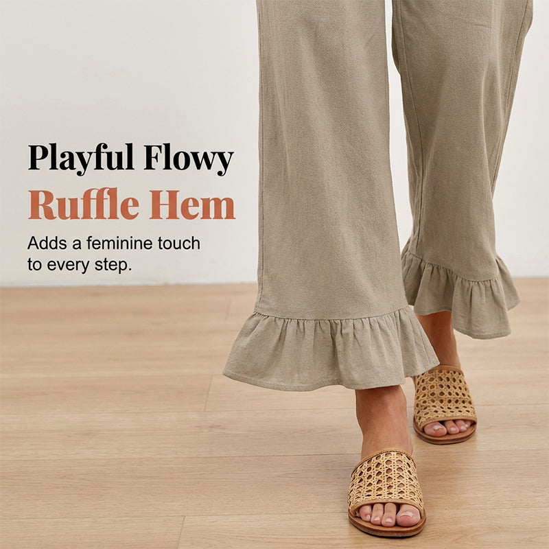 Pantalón de moda para mujer, pierna ancha, algodón y lino, tiro alto smock, estilo casual bohemio.