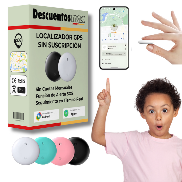 Localizador GPS infantil compacto para niños, sin suscripción, compatible Android e iOS.
