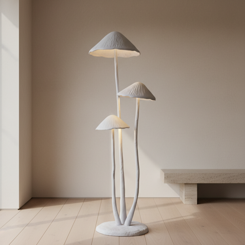 Moderna lámpara de pie LED hongo escultural, ideal para zonas de relax y lectura.